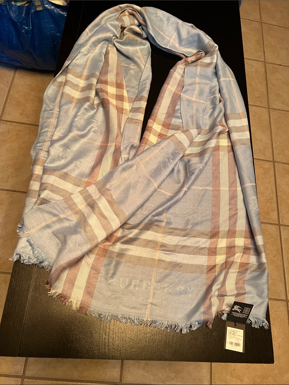 Burberry Light Blue Plaid Throw with Cream and Tan Accents